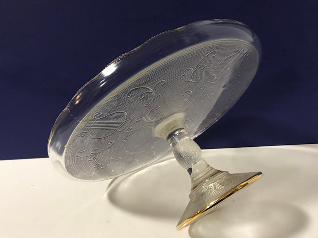 Vintage Jeanette Cake Stand Harp Pattern Gold Trim Scalloped Edges 1950s  Clear Textured Glass #9441