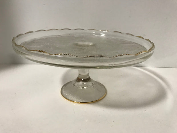 Vintage Jeanette Cake Stand Harp Pattern Gold Trim Scalloped Edges 1950s  Clear Textured Glass #9441