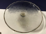 Vintage Jeanette Cake Stand Harp Pattern Gold Trim Scalloped Edges 1950s  Clear Textured Glass #9441