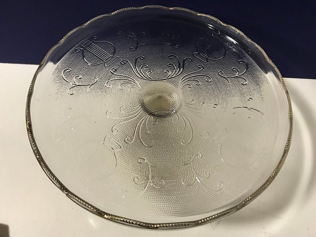Vintage Jeanette Cake Stand Harp Pattern Gold Trim Scalloped Edges 1950s  Clear Textured Glass #9441