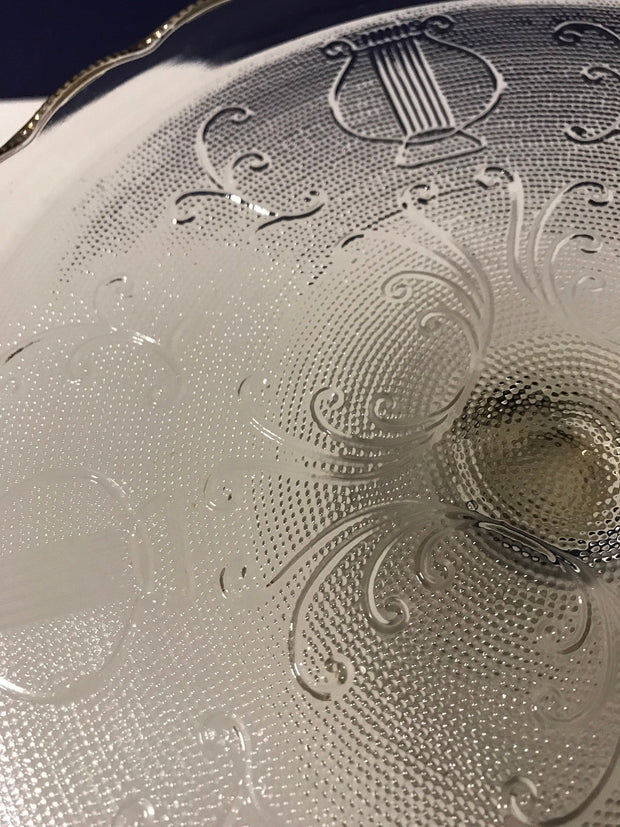 Vintage Jeanette Cake Stand Harp Pattern Gold Trim Scalloped Edges 1950s  Clear Textured Glass #9441
