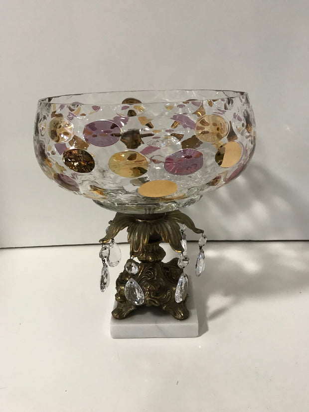Vintage Glass Centerpiece Pedestal Bowl Large Polka Dot Thumbprint Design Italian Genuine Marble and Crystal Prisms