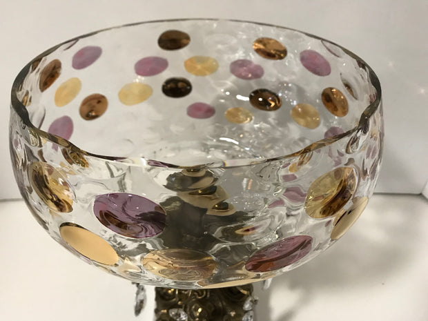Vintage Glass Centerpiece Pedestal Bowl Large Polka Dot Thumbprint Design Italian Genuine Marble and Crystal Prisms