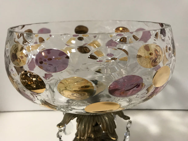 Vintage Glass Centerpiece Pedestal Bowl Large Polka Dot Thumbprint Design Italian Genuine Marble and Crystal Prisms