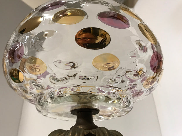 Vintage Glass Centerpiece Pedestal Bowl Large Polka Dot Thumbprint Design Italian Genuine Marble and Crystal Prisms