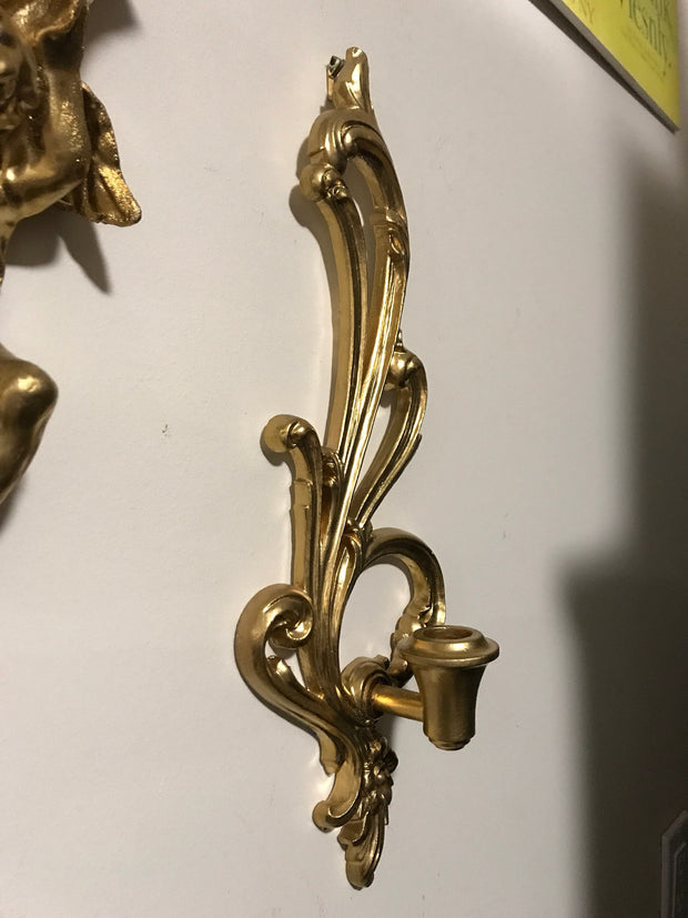 Syroco Vintage   Sconce Set 1950s Syroco Wood Handpainted Hollywood Regengy Gold