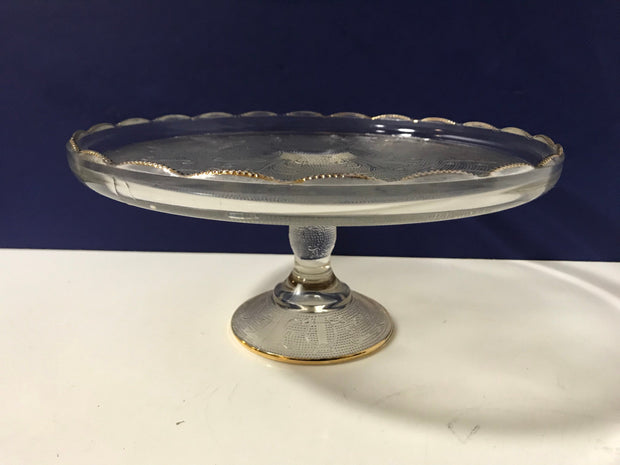 Vintage Jeanette Cake Stand Harp Pattern Gold Trim Scalloped Edges 1950s  Clear Textured Glass #9441