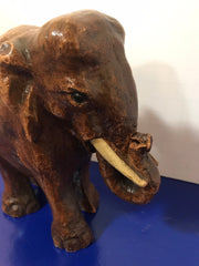 Syroco Wood Elephant Figure with White Tusks and Curled Trunk  from the 1940s