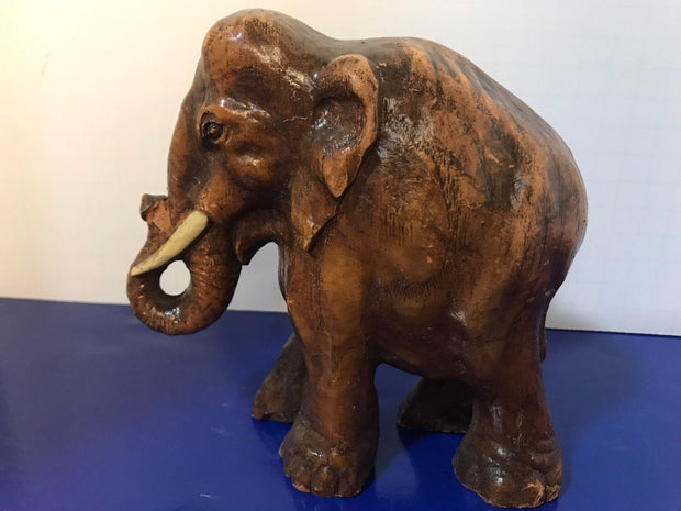 Syroco Wood Elephant Figure with White Tusks and Curled Trunk  from the 1940s