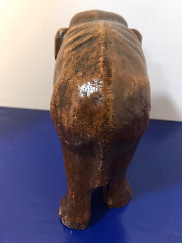 Syroco Wood Elephant Figure with White Tusks and Curled Trunk  from the 1940s