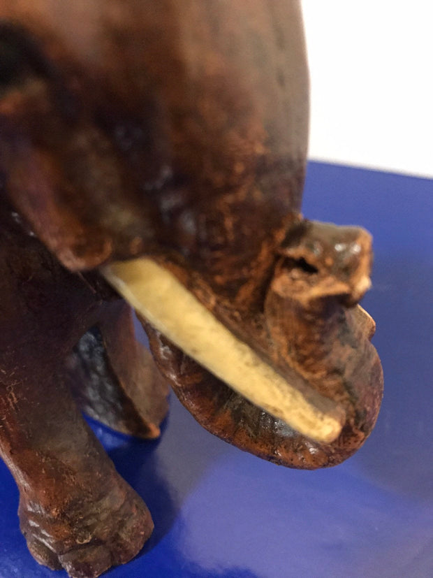 Syroco Wood Elephant Figure with White Tusks and Curled Trunk  from the 1940s