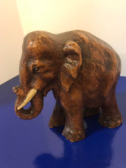 Syroco Wood Elephant Figure with White Tusks and Curled Trunk  from the 1940s
