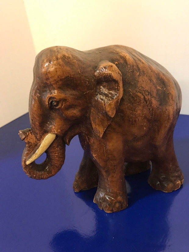 Syroco Wood Elephant Figure with White Tusks and Curled Trunk  from the 1940s