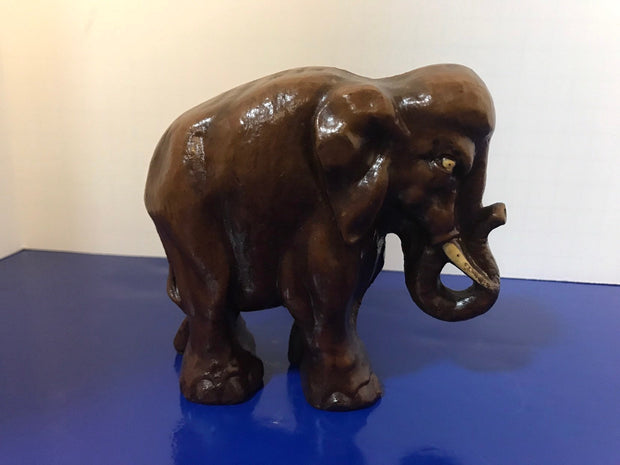 Syroco Wood Elephant Figure with White Tusks and Curled Trunk from the 1940s