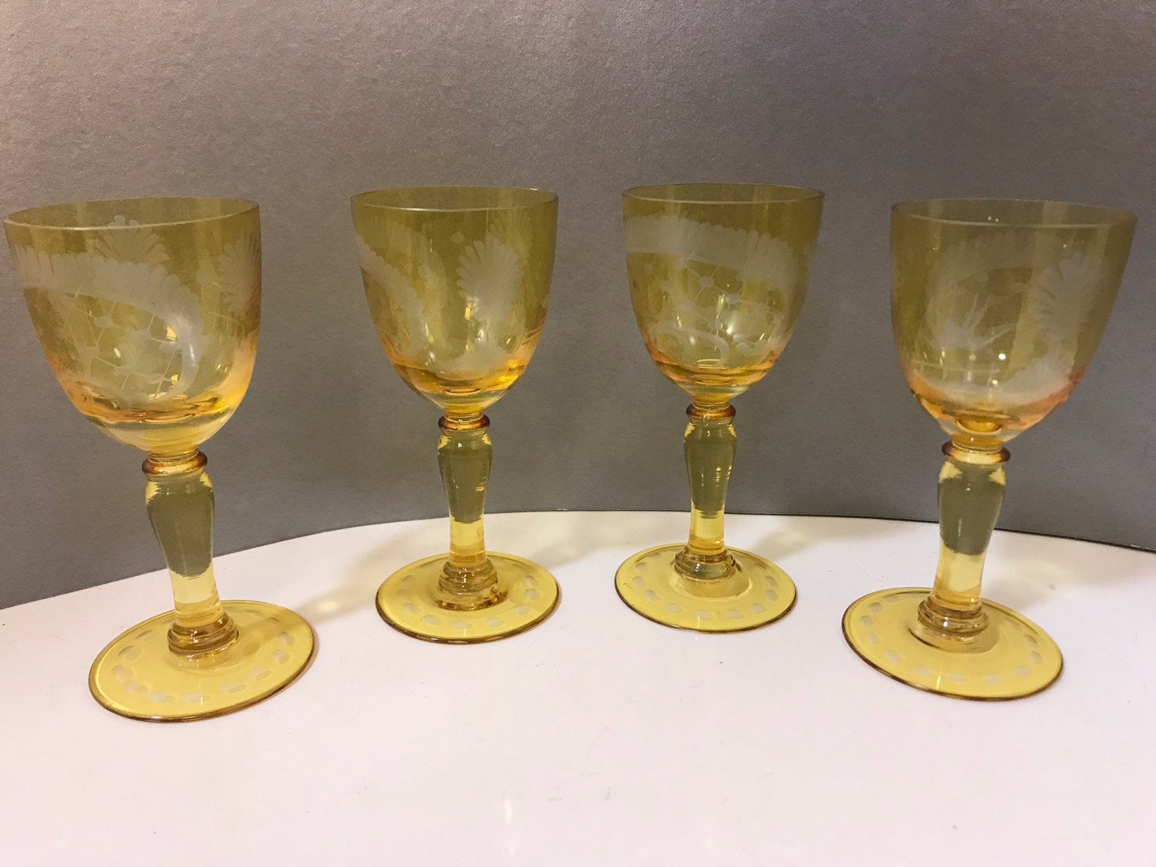 6 Vintage Etched Tall Wine Glasses ~ Water Goblets, 1950's Etched