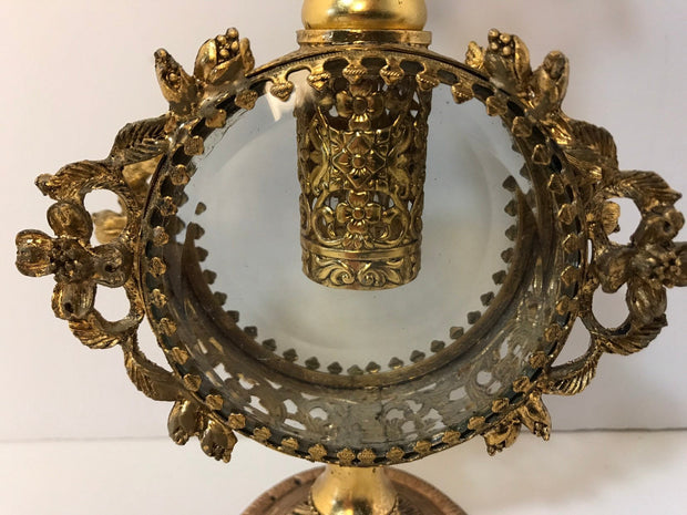Vintage Filigree Beveled Glass Ormolu Perfume Bottle with Tiny Flowers Ornate Scroll Design