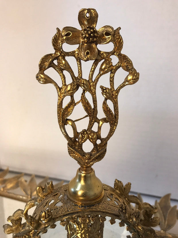 Vintage Filigree Beveled Glass Ormolu Perfume Bottle with Tiny Flowers Ornate Scroll Design
