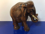 Syroco Wood Elephant Figure with White Tusks and Curled Trunk  from the 1940s