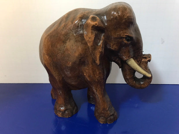 Syroco Wood Elephant Figure with White Tusks and Curled Trunk  from the 1940s