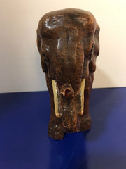 Syroco Wood Elephant Figure with White Tusks and Curled Trunk  from the 1940s