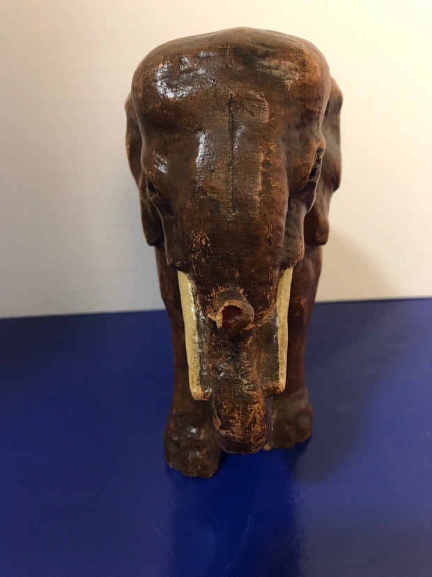 Syroco Wood Elephant Figure with White Tusks and Curled Trunk  from the 1940s