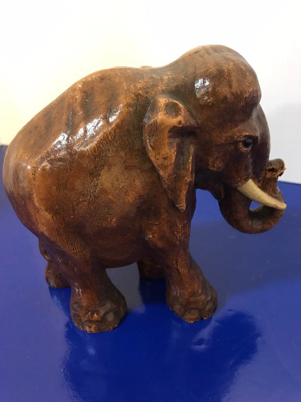 Syroco Wood Elephant Figure with White Tusks and Curled Trunk  from the 1940s