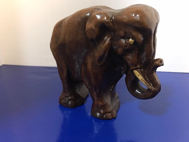 Syroco Wood Elephant Figure with White Tusks and Curled Trunk from the 1940s