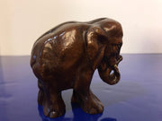 Syroco Wood Elephant Small 3&quot; Figure with White Tusks and Curled Trunk  from the 1940s
