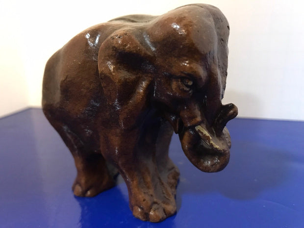 Syroco Wood Elephant Small 3&quot; Figure with White Tusks and Curled Trunk  from the 1940s
