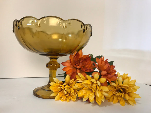 Amber Glass Compote/ Fruit Bowl Centerpiece by Indiana Glass co w/Garland Teardrop motif