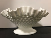 White Milk Glass by Fenton Vintage Hobnail Bowl Ruffled Edge Pedestal Cottage Chic Centerpiece