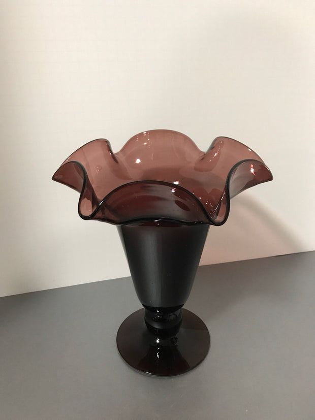 Vintage Amethyst Purple Vase Large Ruffle Art Glass Hand Blown
