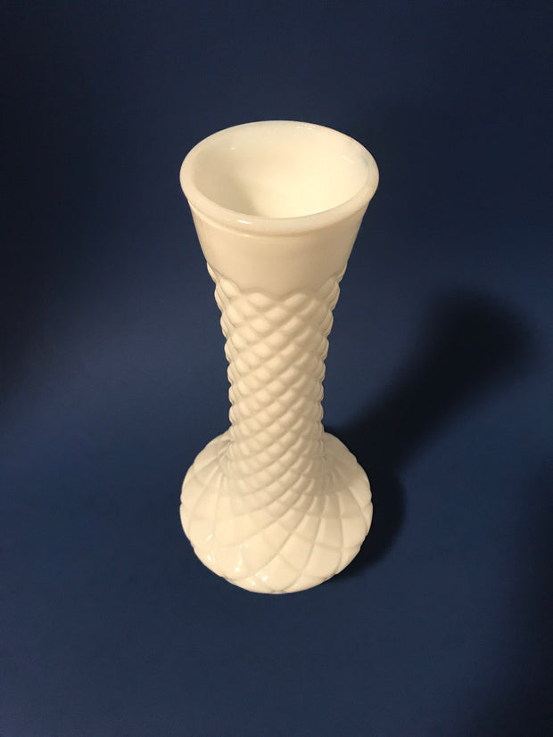 Hoosier Vintage Milk Glass Bud Vase Cottage Chic Diamond Quilt