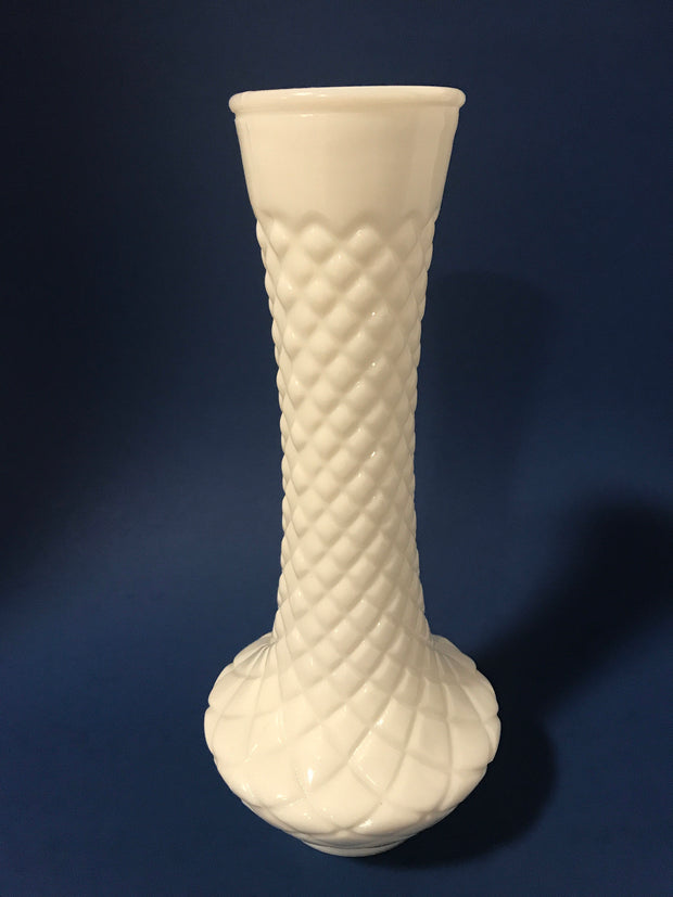 Hoosier Vintage Milk Glass Bud Vase Cottage Chic Diamond Quilt