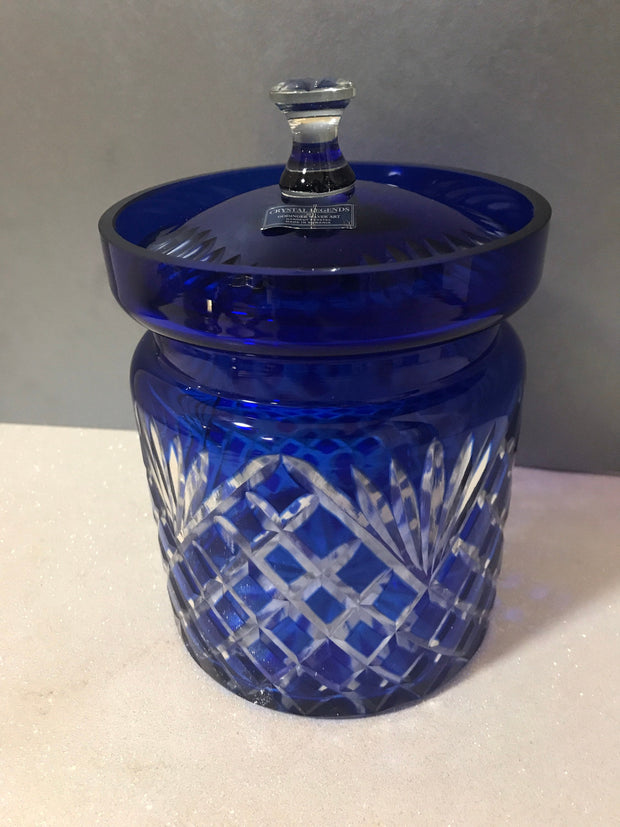 Godinger Cobalt Blue Cut to Clear Legends Handcrafted Lidded Canister 6”