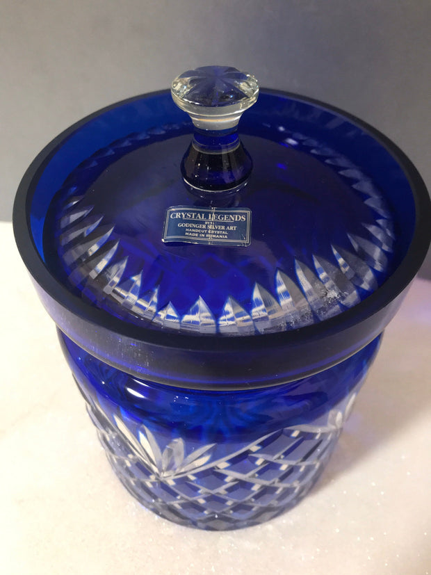 Godinger Cobalt Blue Cut to Clear Legends Handcrafted Lidded Canister 6”