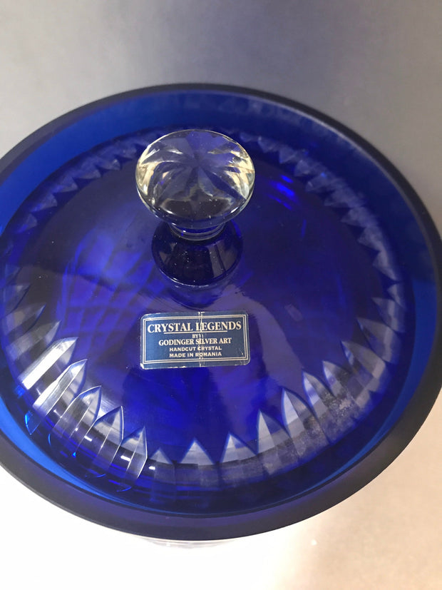 Godinger Cobalt Blue Cut to Clear Legends Handcrafted Lidded Canister 6”