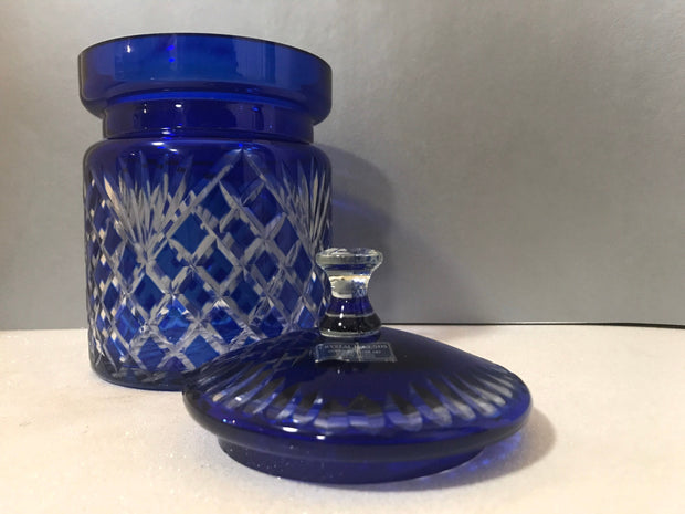 Godinger Cobalt Blue Cut to Clear Legends Handcrafted Lidded Canister 6”