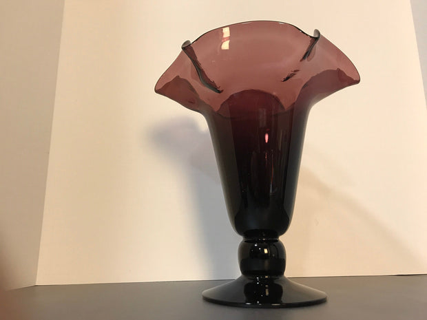 Vintage Amethyst Purple Vase Large Ruffle Art Glass Hand Blown