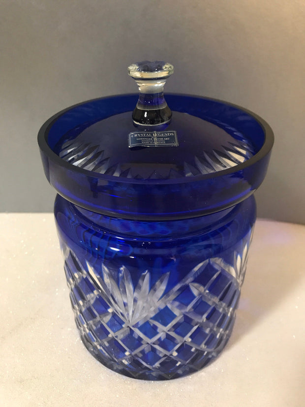 Godinger Cobalt Blue Cut to Clear Legends Handcrafted Lidded Canister 6”