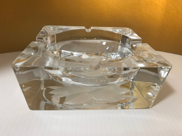 Thick Chunky Clear Glass Crystal Ashtray for Cigars /Cigarettes. Flower Embossed