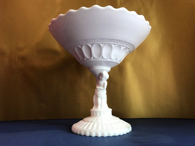 Vintage White Milk glass Man holding bowl Pedestal Midcentury Centerpiece Fruit Bowl