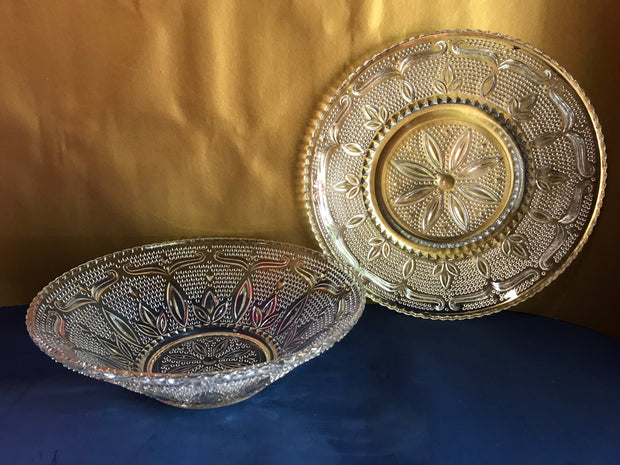 Vintage Decorative Clear Hobnail Bowl and Platter 2 pc Set Fancy Mid Century Design