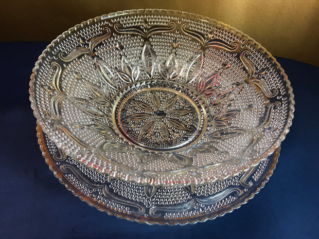 Vintage Decorative Clear Hobnail Bowl and Platter 2 pc Set Fancy Mid Century Design