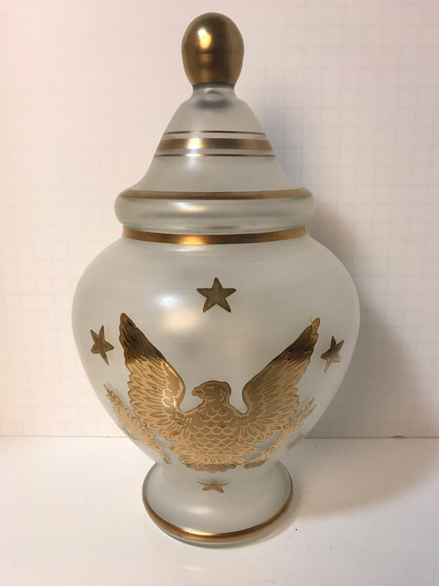 Vintage/Antique Frosted Clear Glass Jar Lid Great United States American Eagle Seal Arrows & Olive Branch 13 Stars Hand-painted