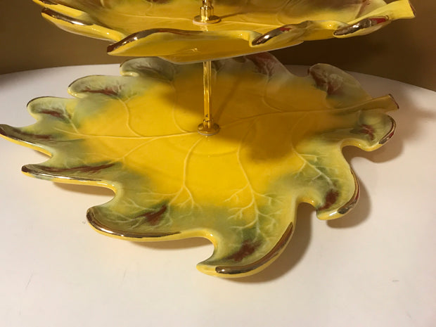 Vintage 3 Tier California Pottery Leaf Stand Cookies Cake Muffins Pastries Cupcakes Party Serving Essentials