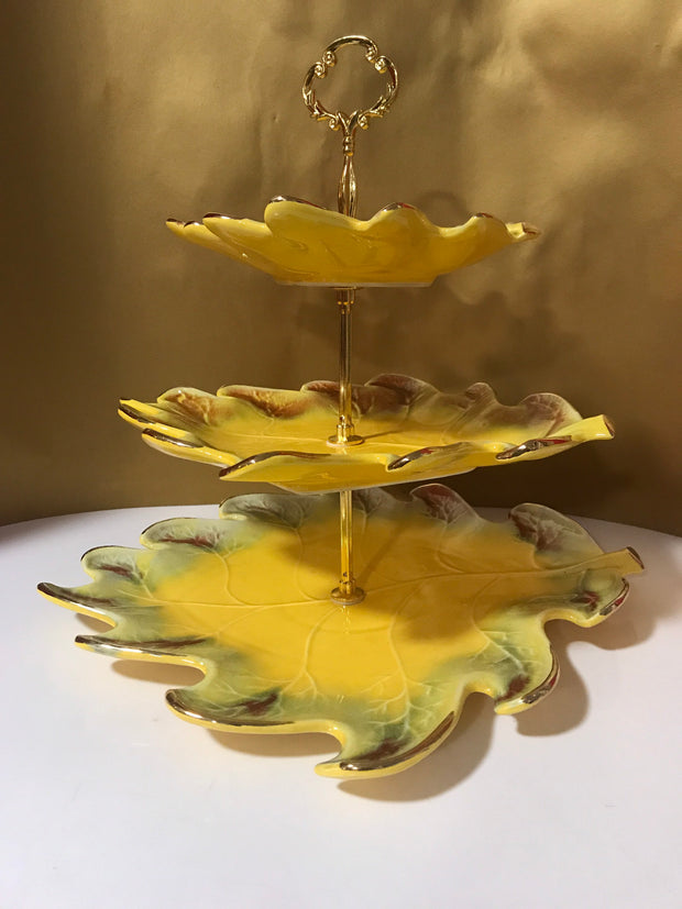Vintage 3 Tier California Pottery Leaf Stand Cookies Cake Muffins Pastries Cupcakes Party Serving Essentials