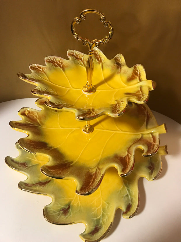 Vintage 3 Tier California Pottery Leaf Stand Cookies Cake Muffins Pastries Cupcakes Party Serving Essentials