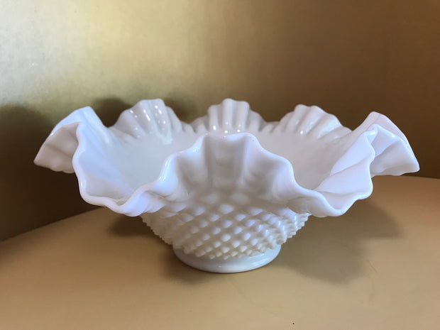Fenton Large White Double Ruffle Hobnail Bowl 50s 60s  Milk Glass Cottage Chic  Decor Wedding