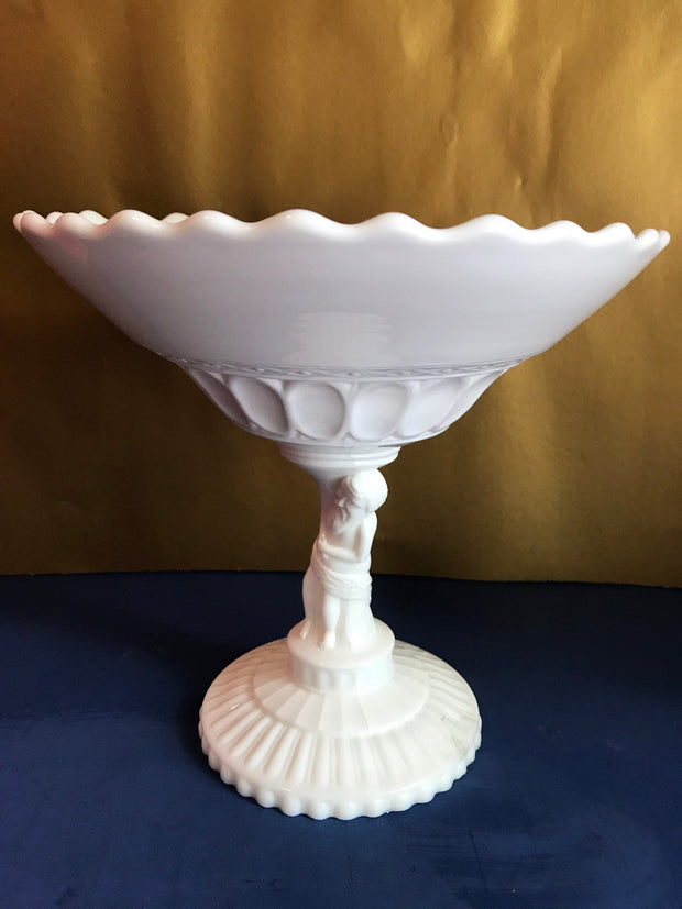 Vintage White Milk glass Man holding bowl Pedestal Midcentury Centerpiece Fruit Bowl